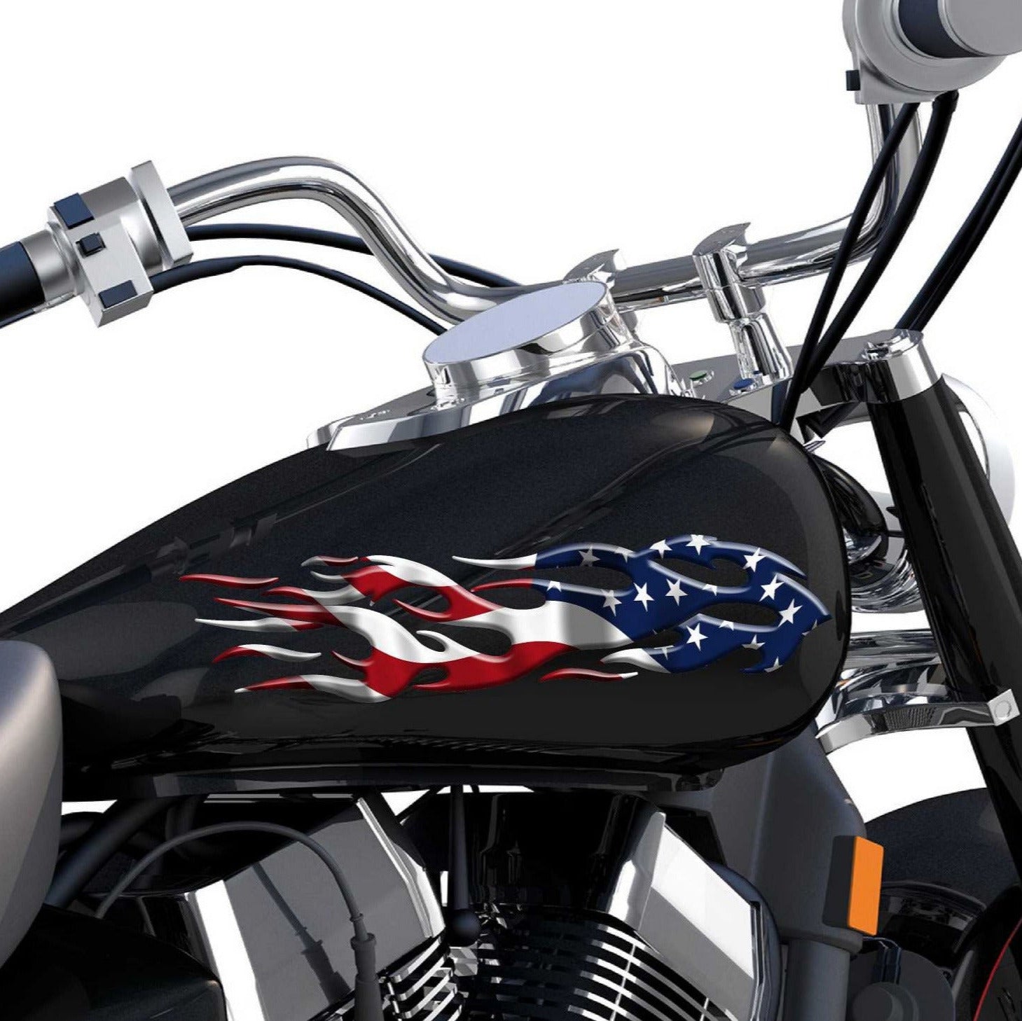 american flag flames decal on the side of red motorbike