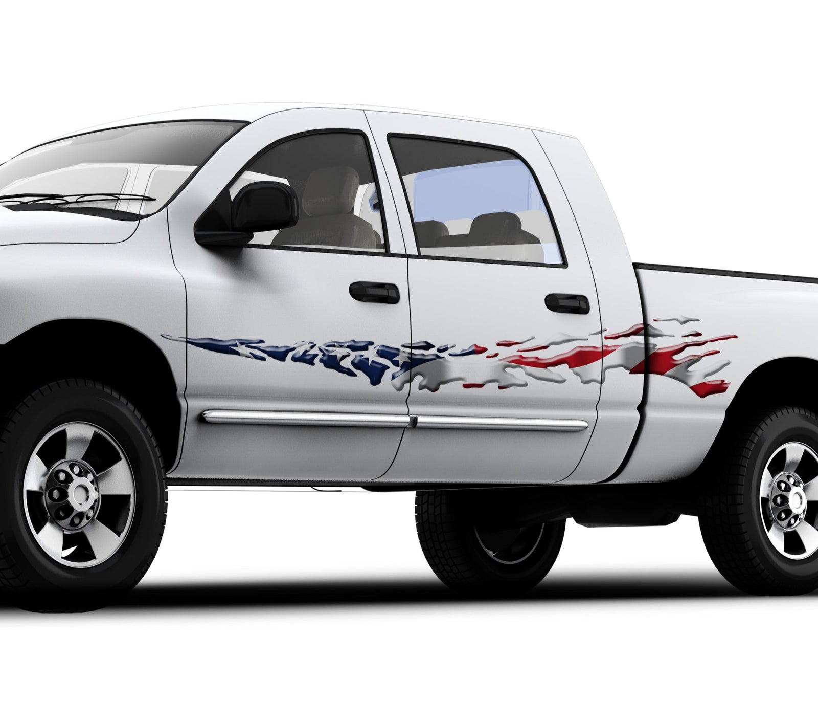 american flag mud splash graphics on side of white truck