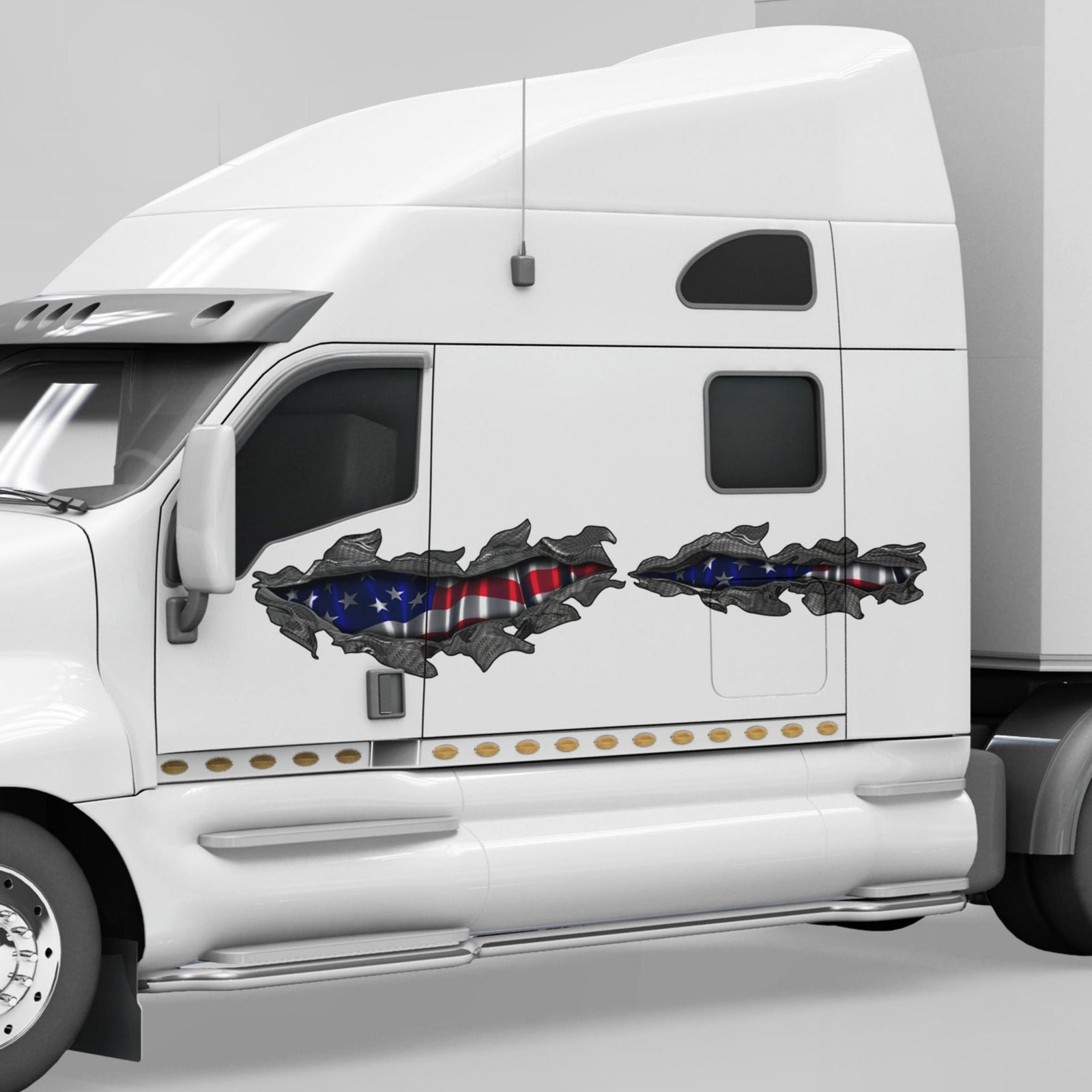 white pickup with American flag carbon fibre metal tear decals on the truck cab side