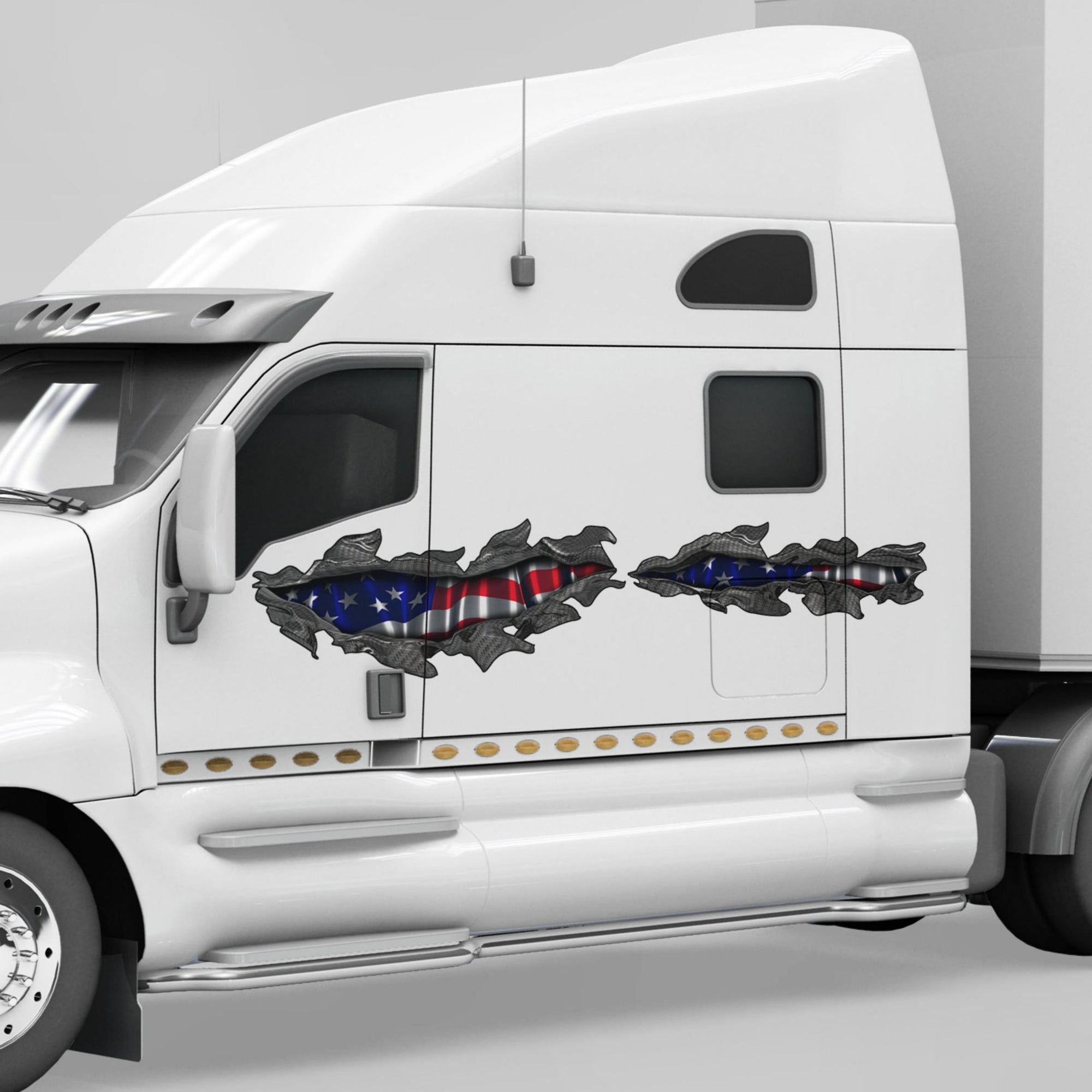 white pickup with American flag carbon fibre metal tear decals on the truck cab side