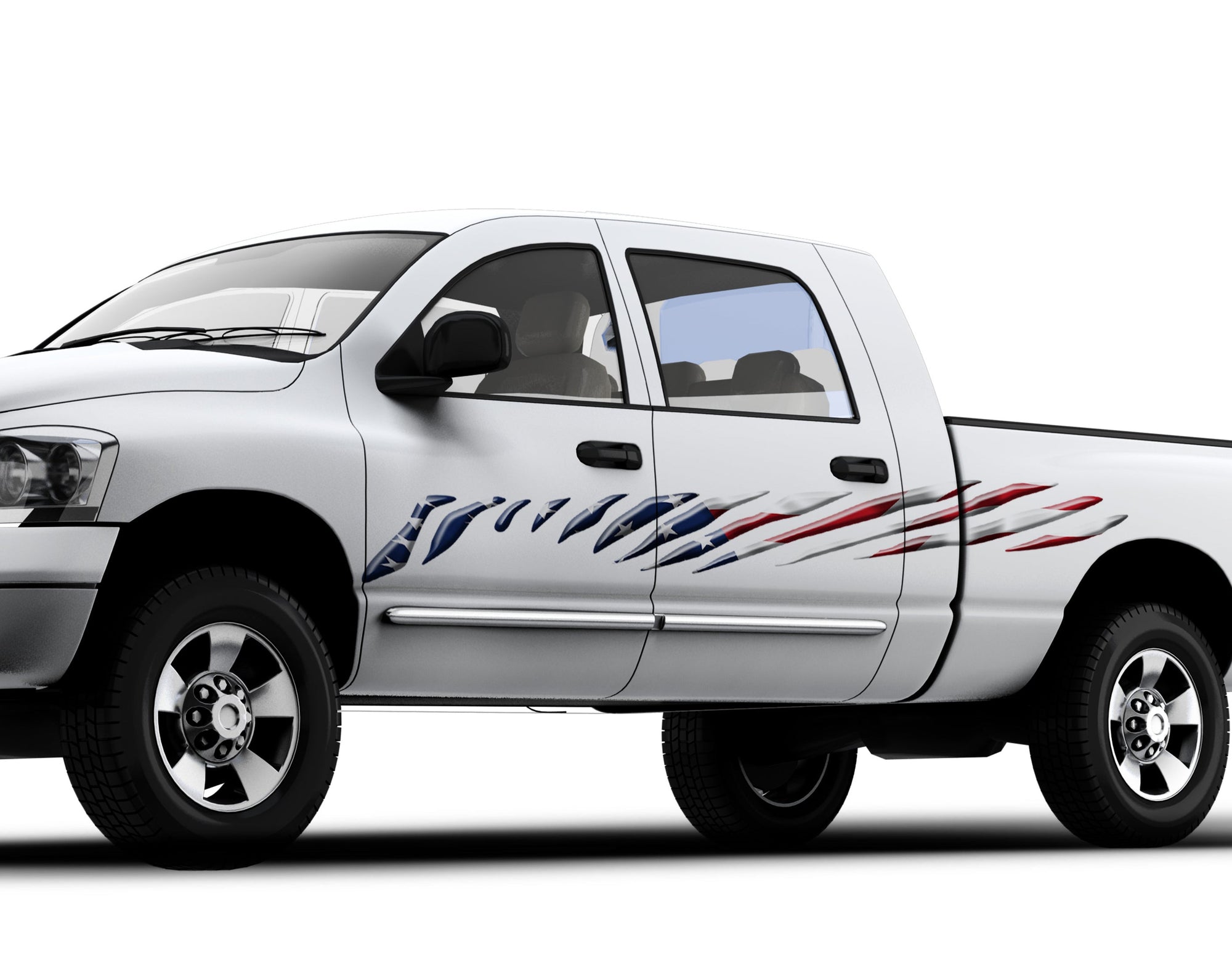 american flag stripes on the side of white pickup truck 