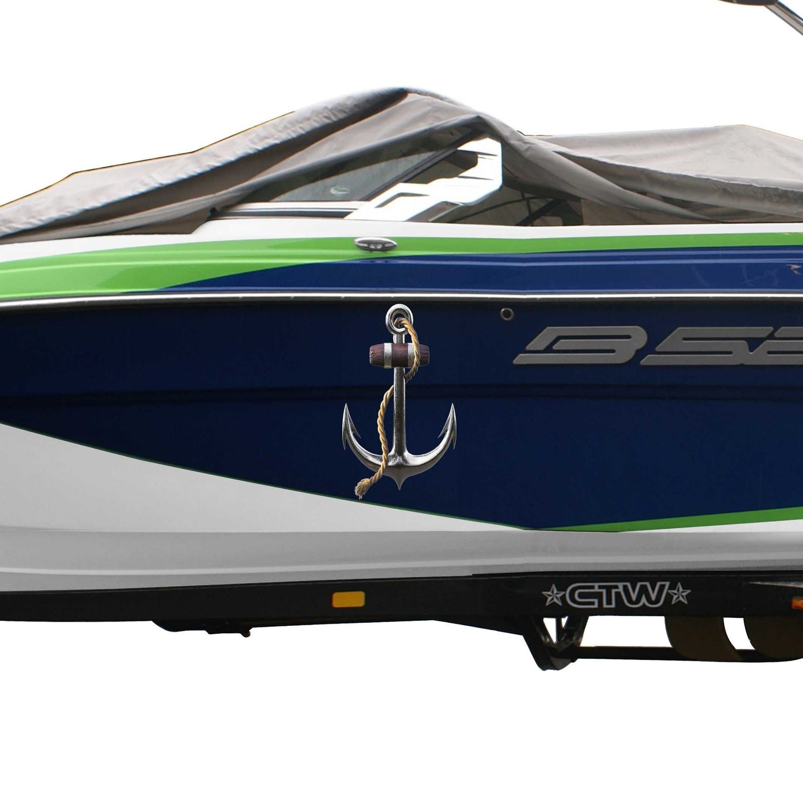 White boat with Silver anchor decal on the side of it