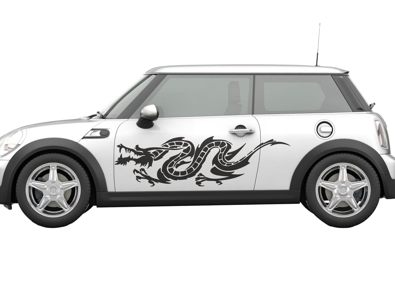 White car with black asian dragon decal on driver side