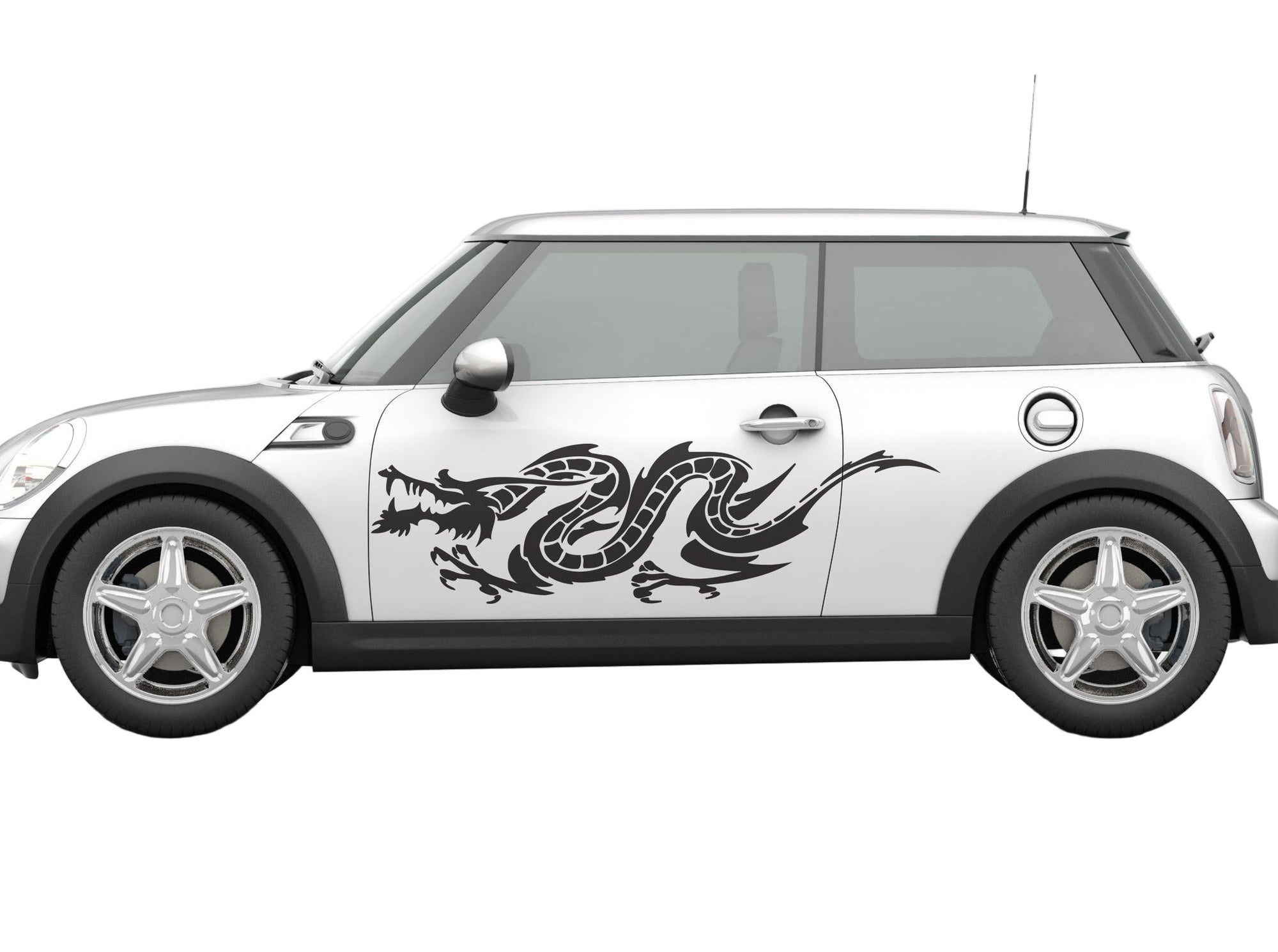 White car with black asian dragon decal on driver side