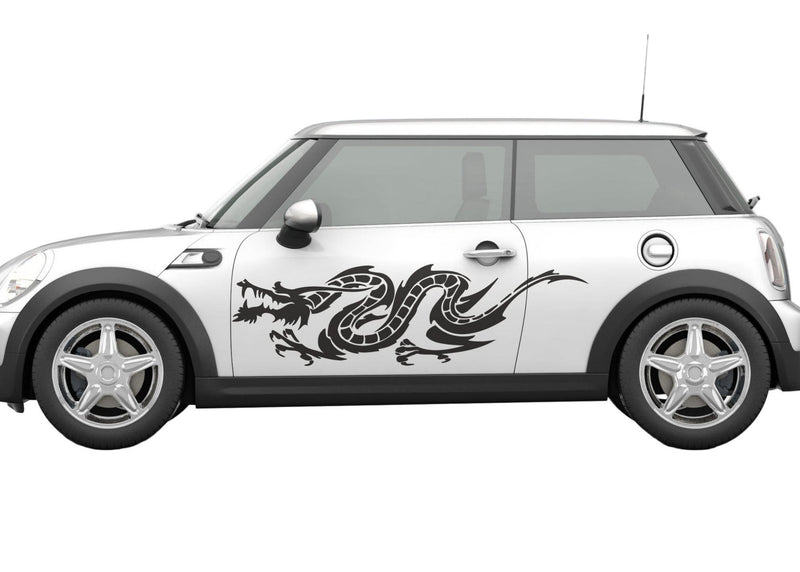 White car with black asian dragon decal on driver side