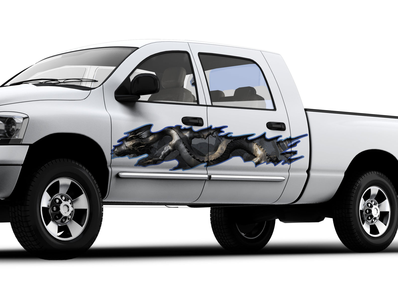 asian dragon graphics on the side of white truck