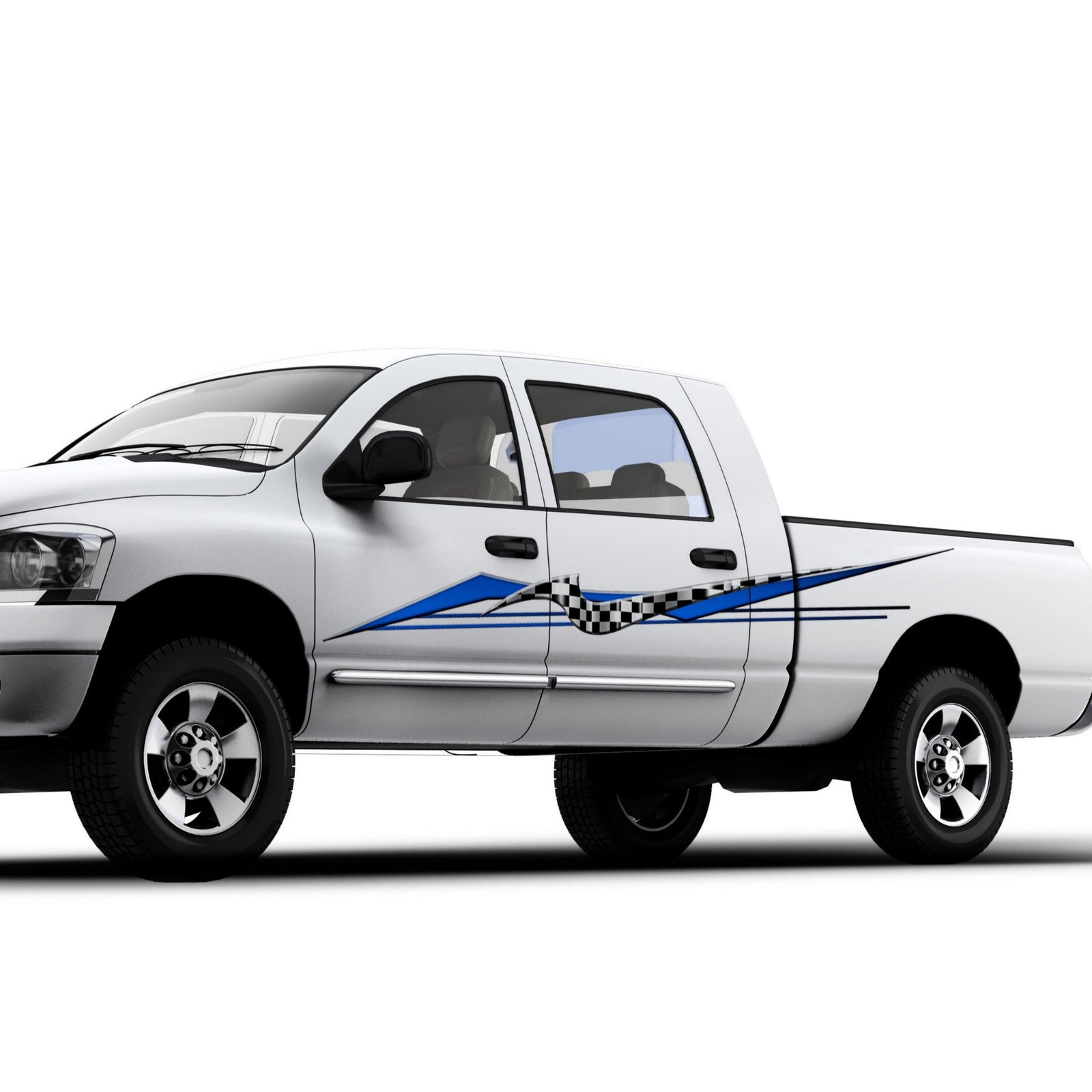 astro checkered blue decal on the side of white truck