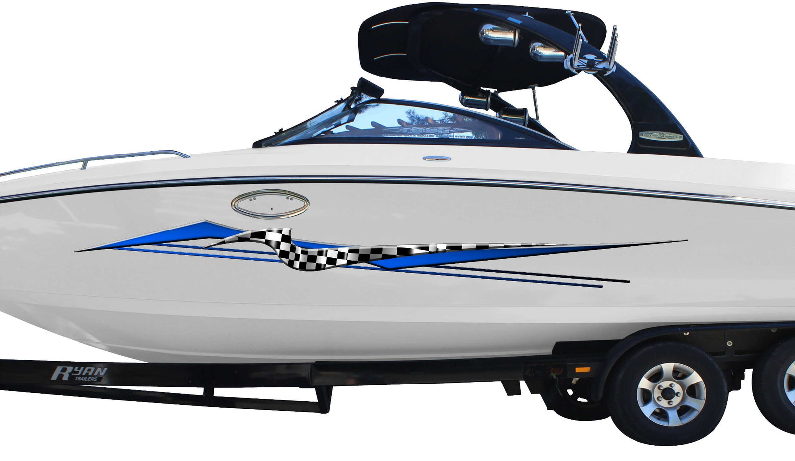 astro decal blue and checkers decals installed on the side of boat