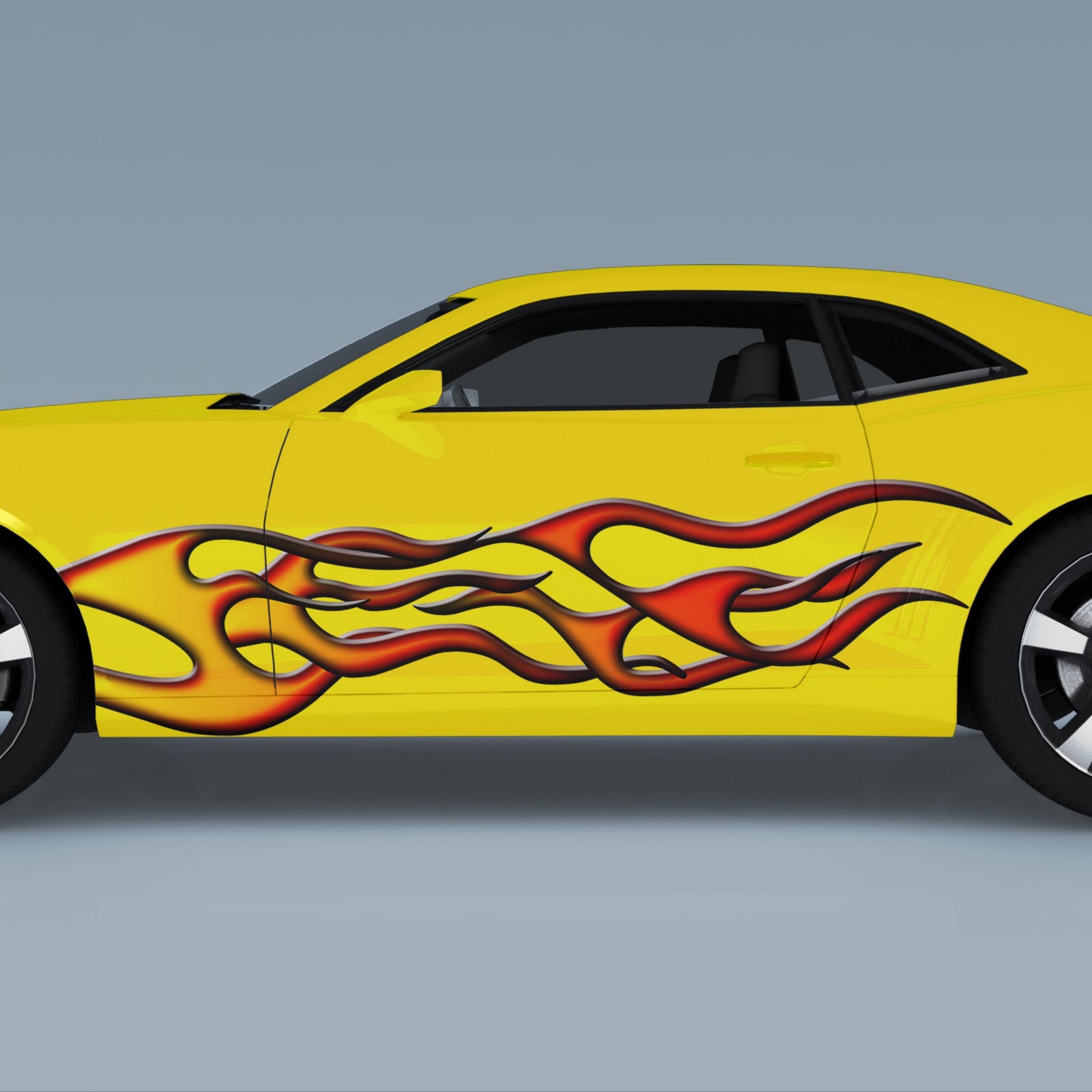 backfire flames decal on the side of yellow mustang sports car