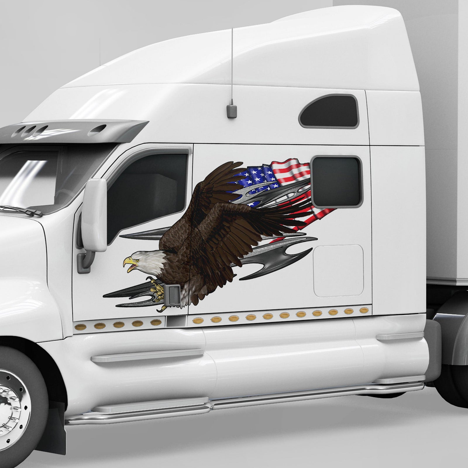 bald eagle american flag big graphic decal on the side of white semi truck trailer