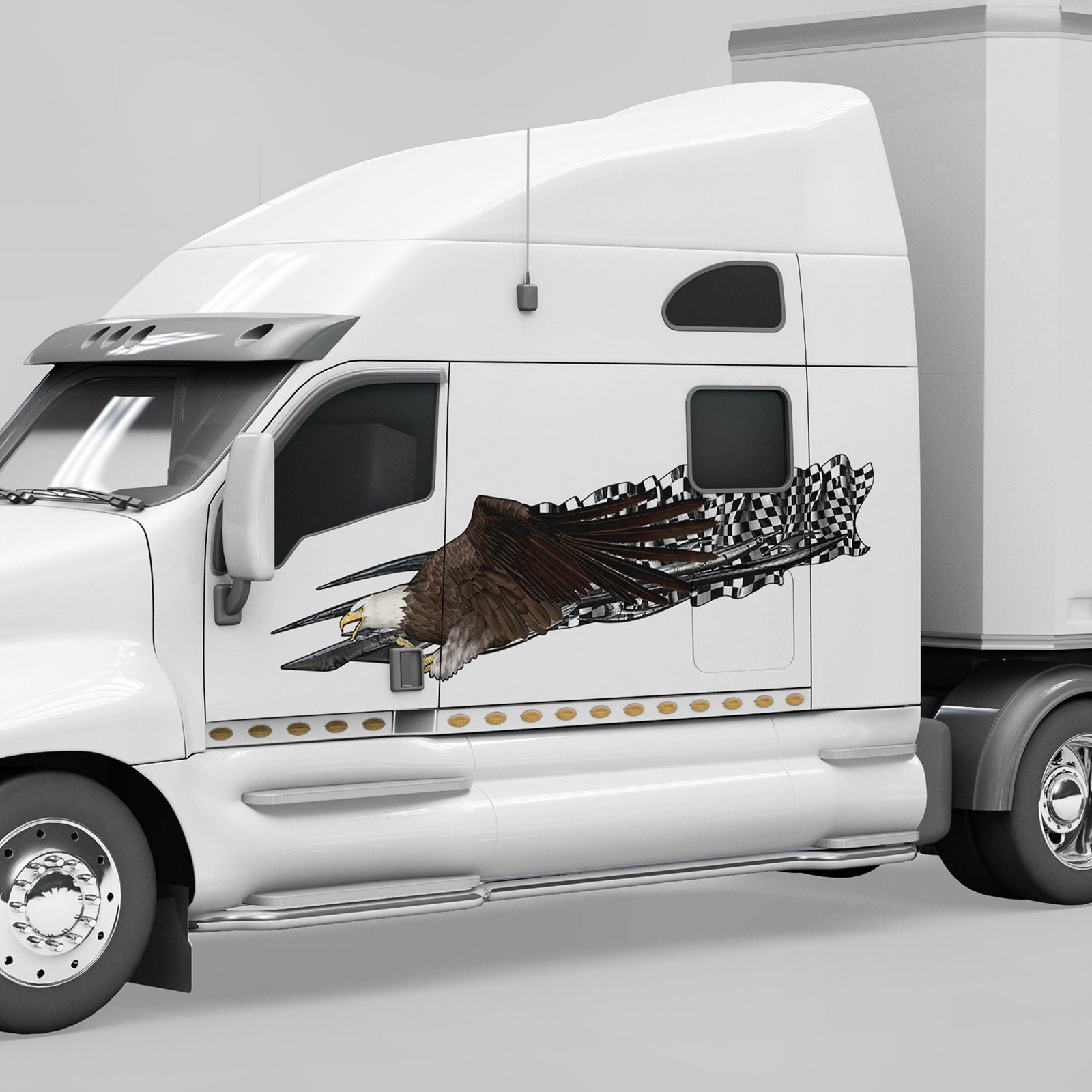 bald eagle flying with checkered flag decal on the side cab of white semi truck