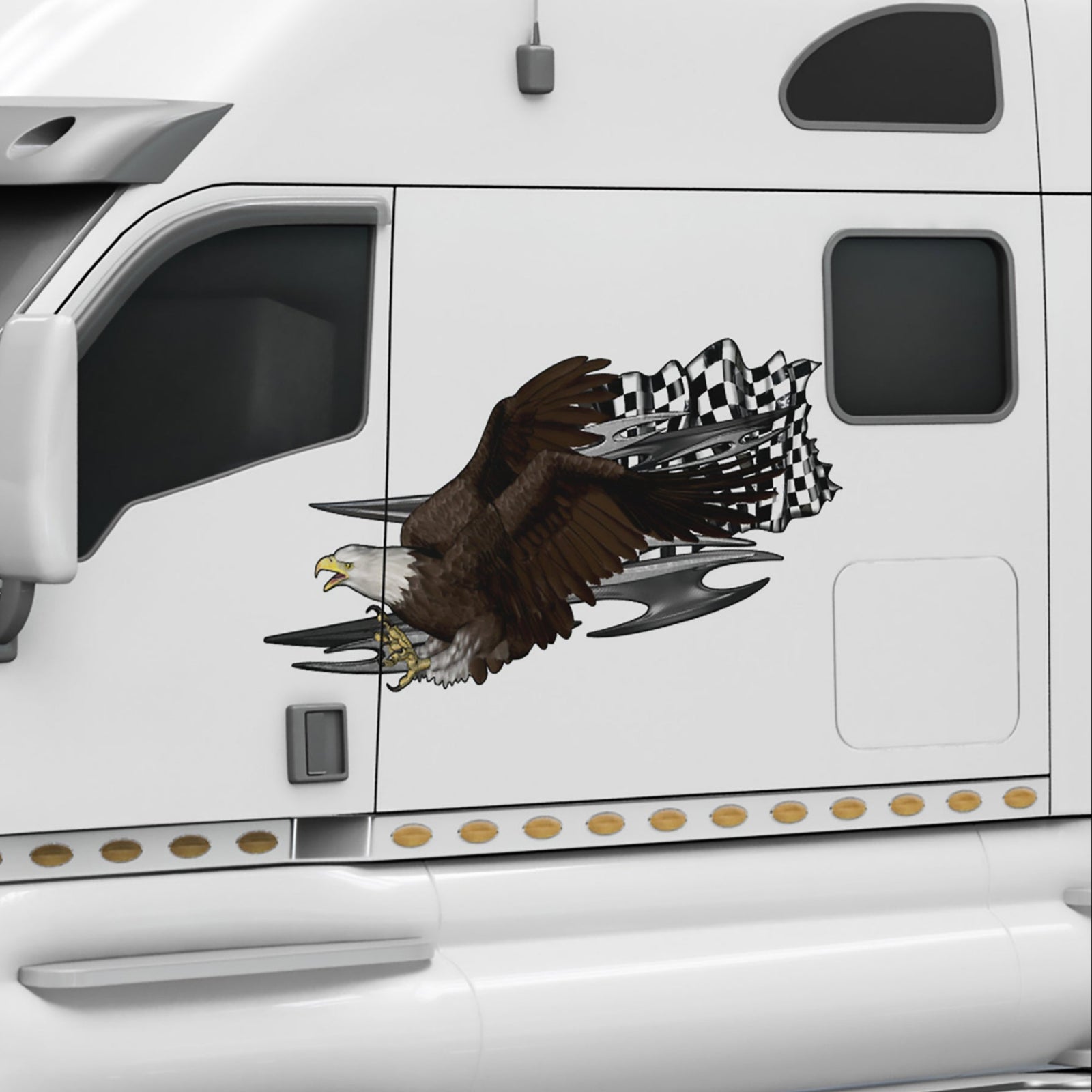bald eagle with checkers vinyl graphics on the side of white semi truck