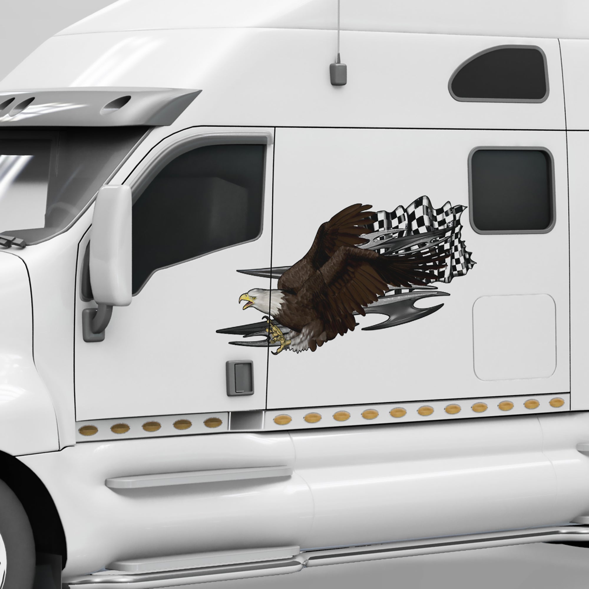 bald eagle with checkers vinyl graphics on the side of white semi truck
