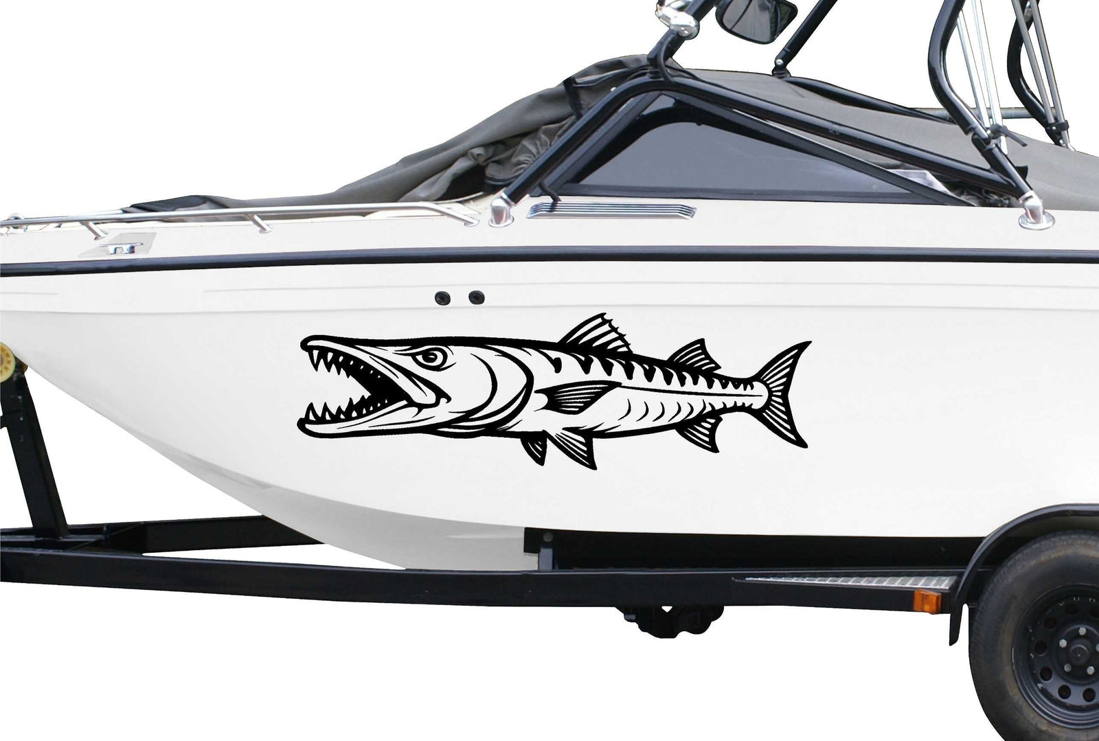 barracuda fish vinyl cut black decal on the side of boat
