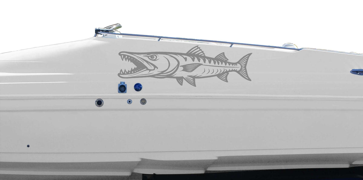 barracuda silver vinyl cut decal on the side of boat