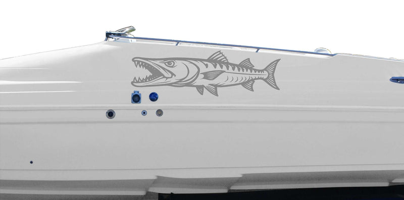 barracuda silver vinyl cut decal on the side of boat
