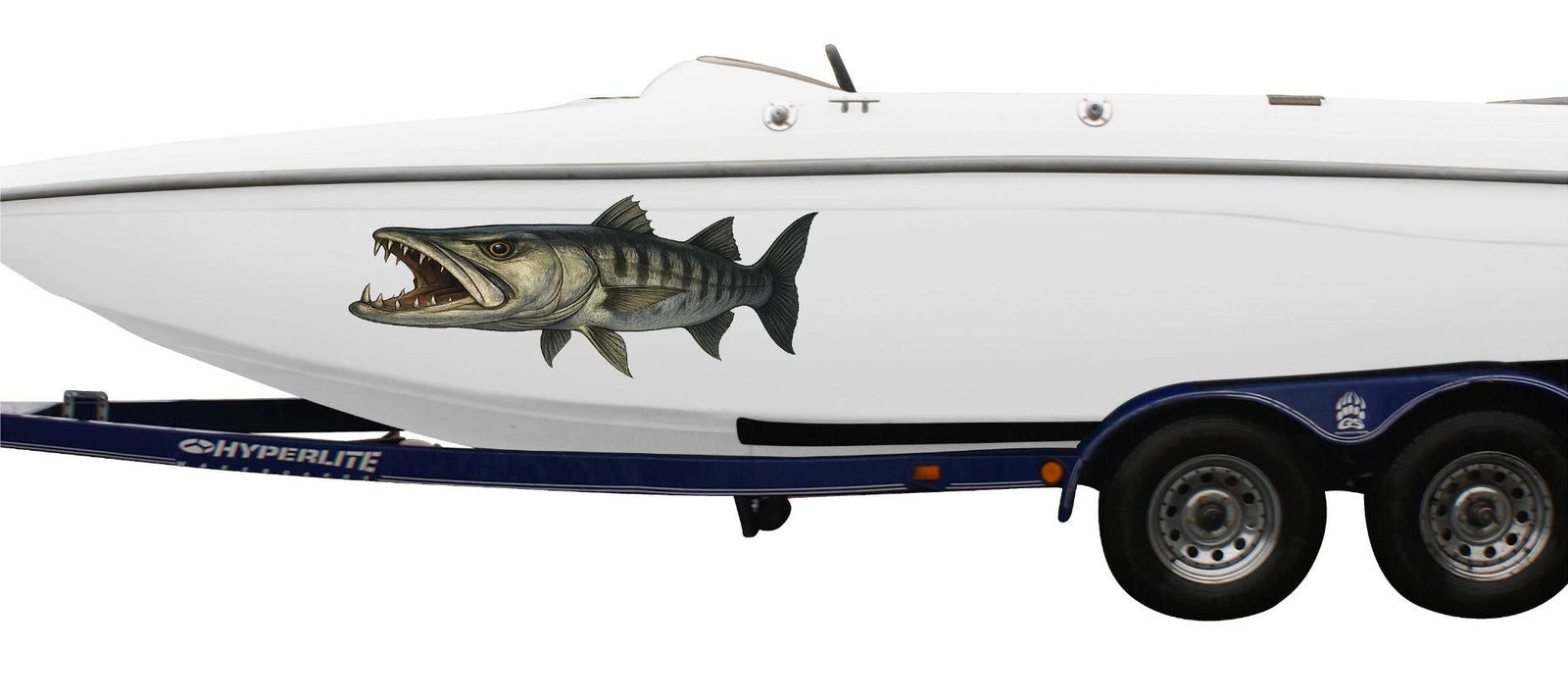 Barracuda vinyl graphics on the side of white boat
