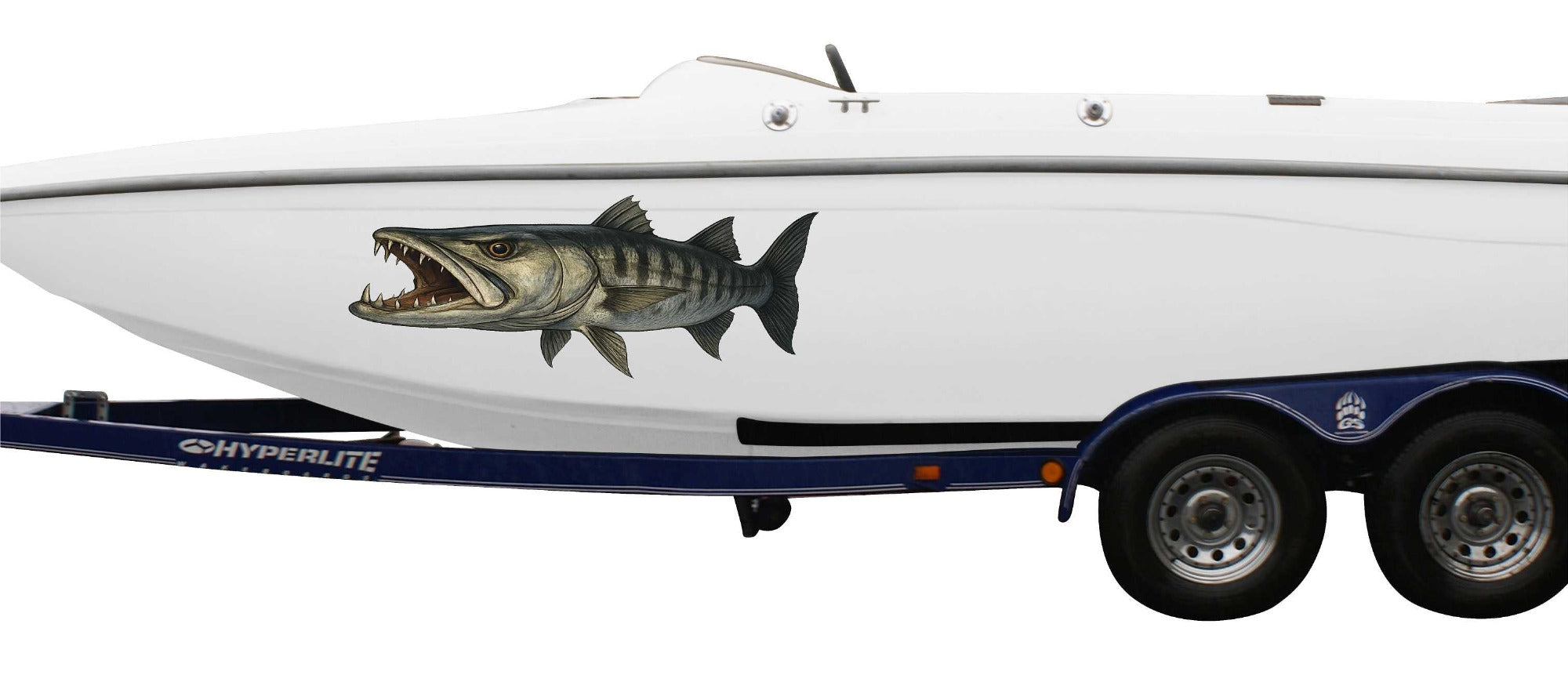 Barracuda vinyl graphics on the side of white boat