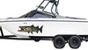 Barracuda vinyl graphics on the side of white boat