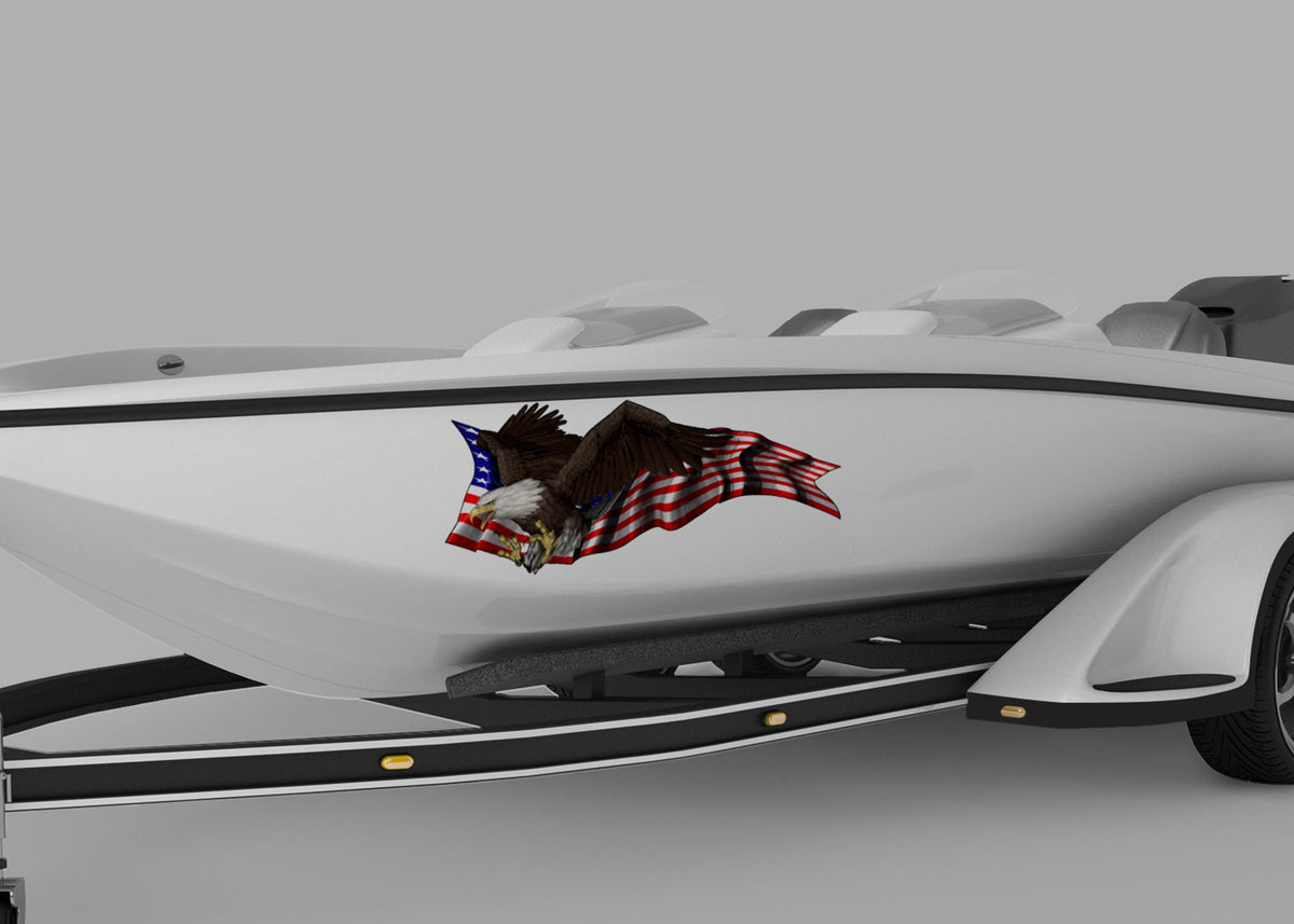 bass boat with bald eagle american flag vinyl decal on port side