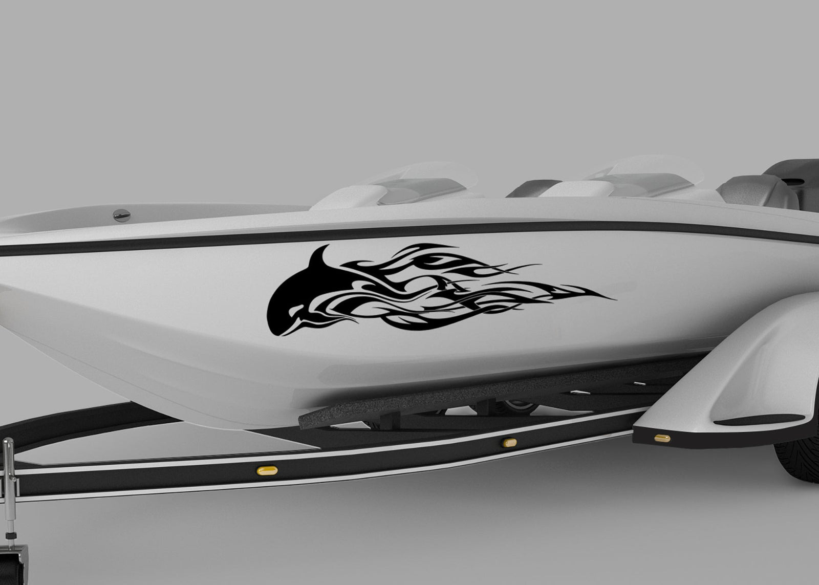 bass boat with black orca flames vinyl decal on port side