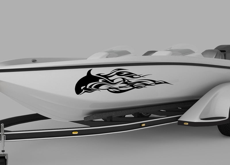 bass boat with black orca flames vinyl decal on port side