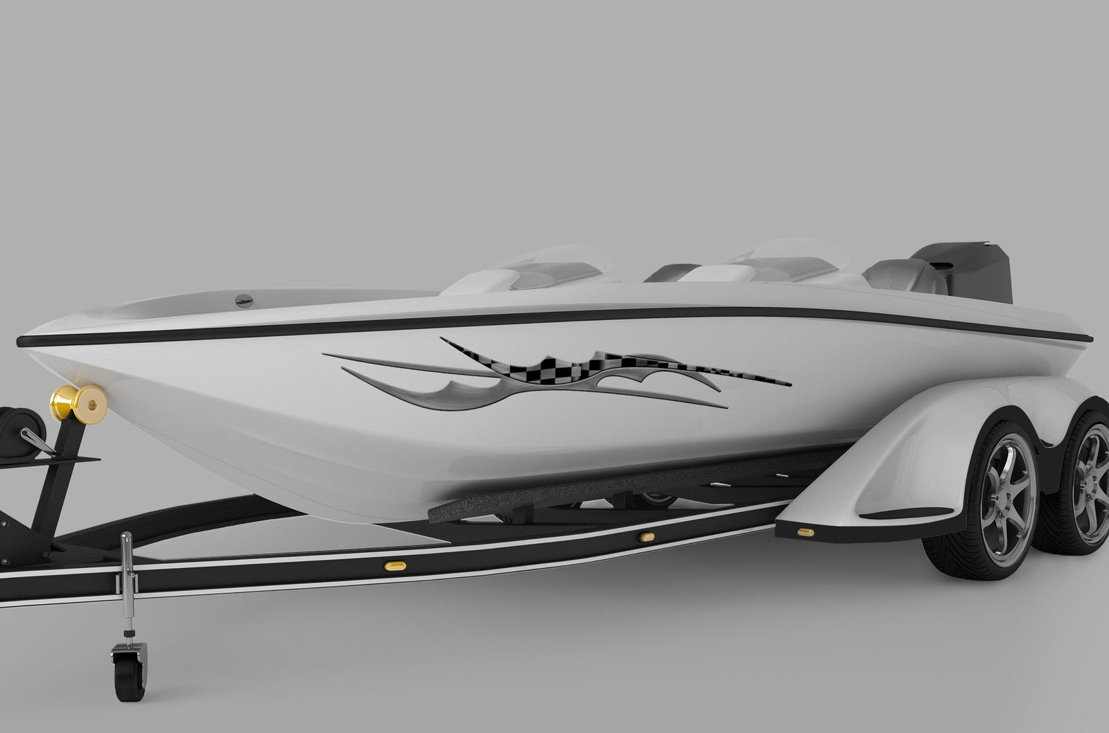 White boat with red blade decal design on a white background