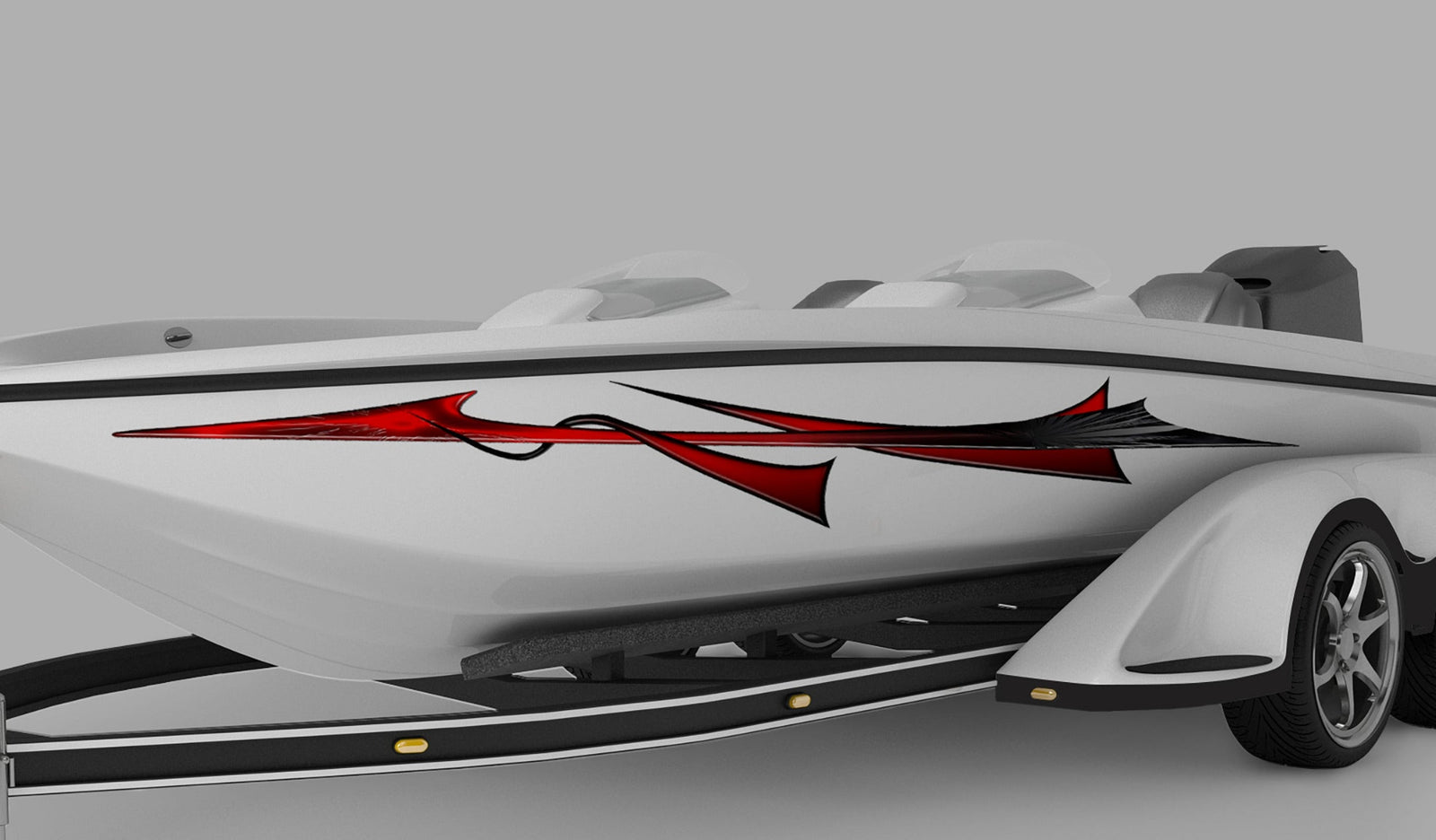white boat with bora decal stripe on port side