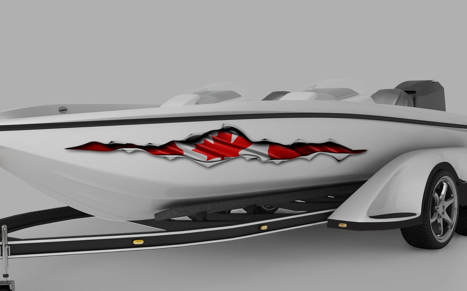 white boat with canada flag rip on its side