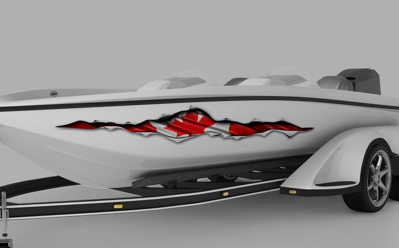 bass boat with Canadian flag vinyl graphics on its side hull