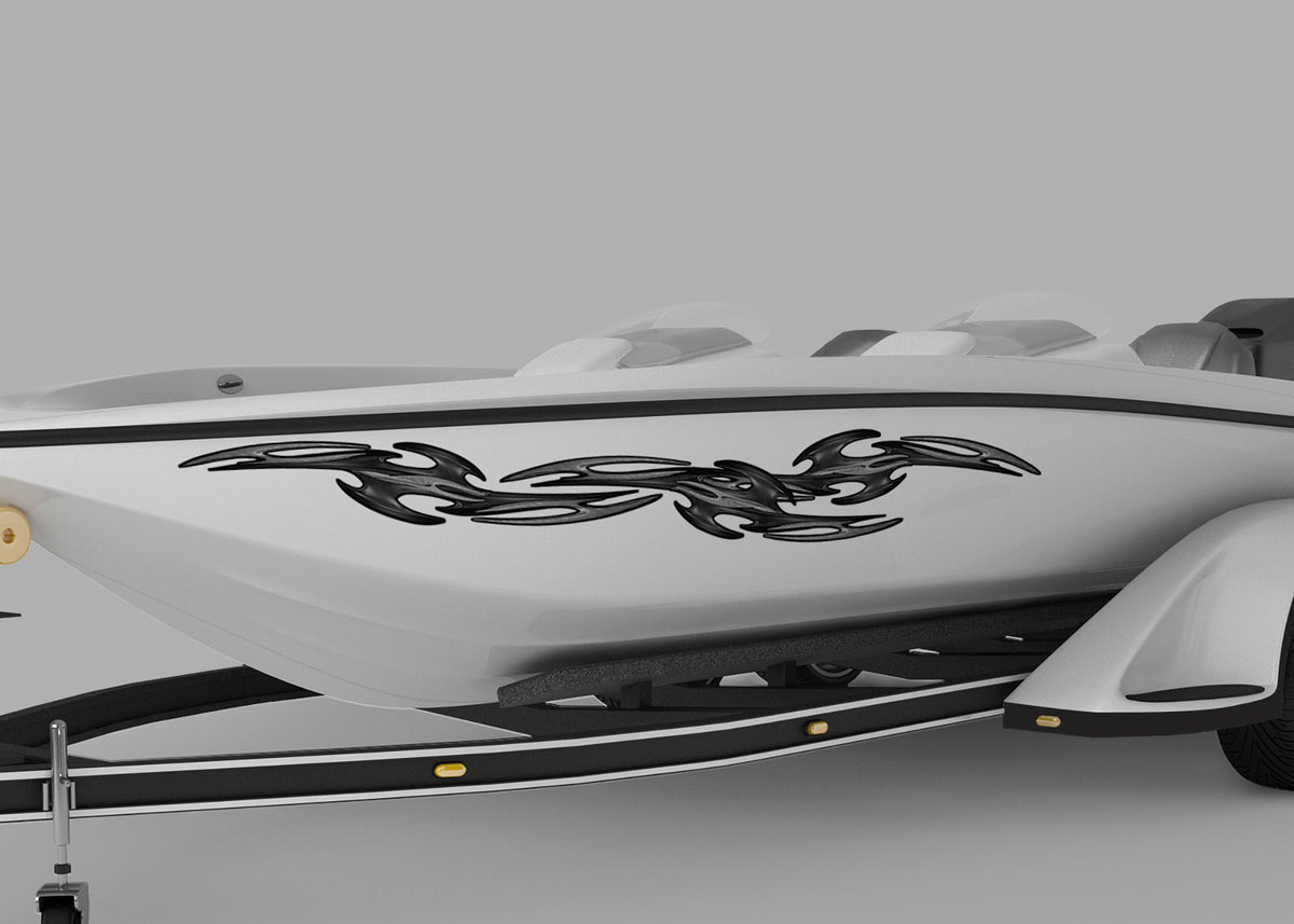 bass boat with tribal links vinyl decals on port side