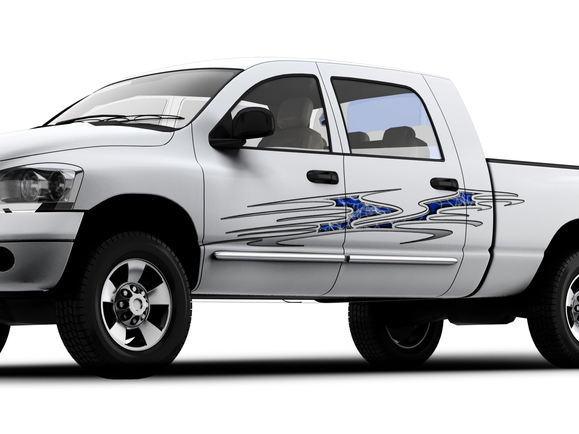 beast lightning vinyl graphics on the side of white mustang