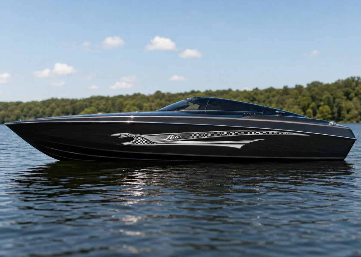 black boat with silver shark race decal stripe on hull