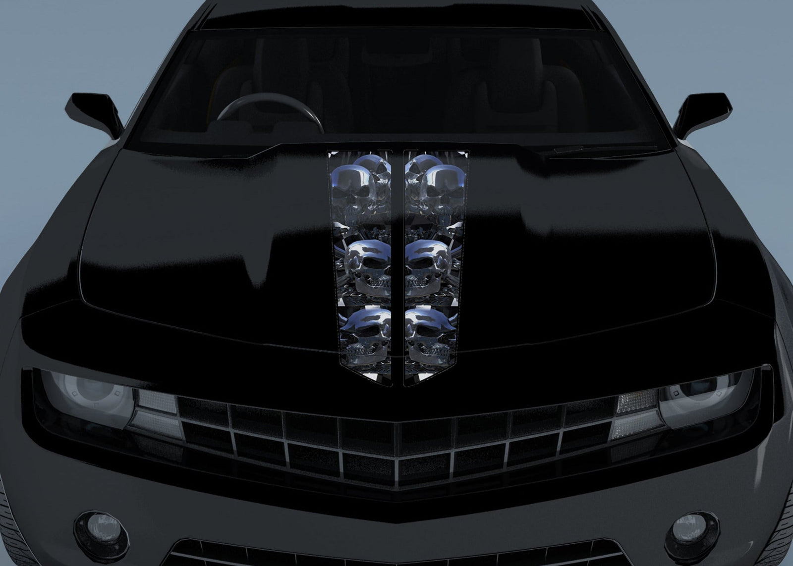 Black Camaro hood with chrome skull racing hood stripe decals installed (set of 2)