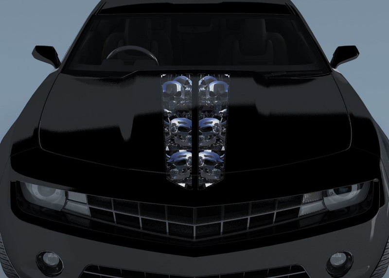 Black Camaro hood with chrome skull racing hood stripe decals installed (set of 2)