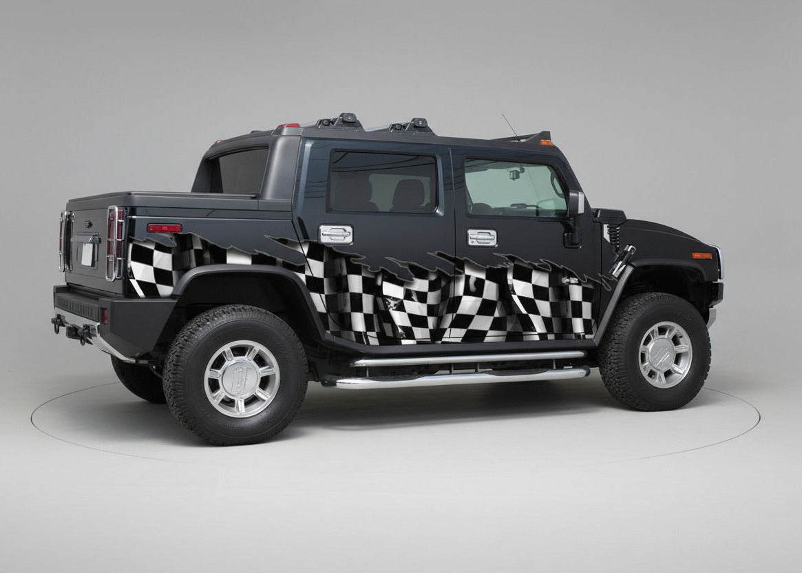 black hummer with checkered flag half wrap on driver side