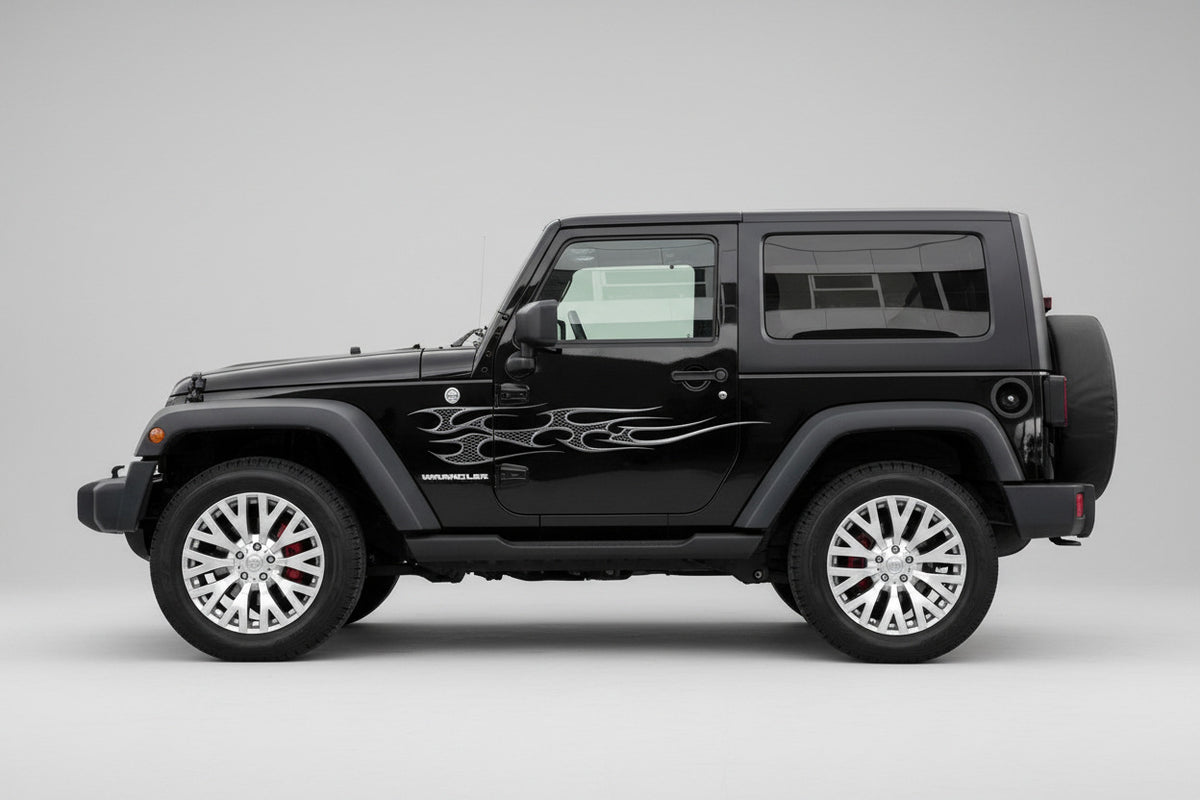 black jeep with metal style tribal flames vinyl decal on driver side