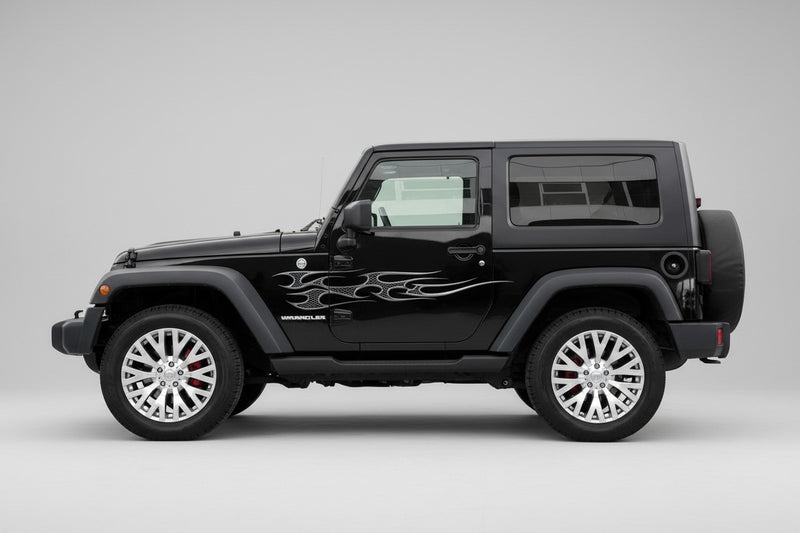 black jeep with metal style tribal flames vinyl decal on driver side