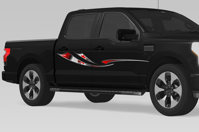 black pickup with canadian flag vinyl stripes on passenger side