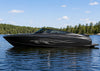 black speed boat with inflame skulls vinyl graphics on hull