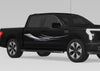 black truck with chrome tribal blade vinyl graphics on passenger side