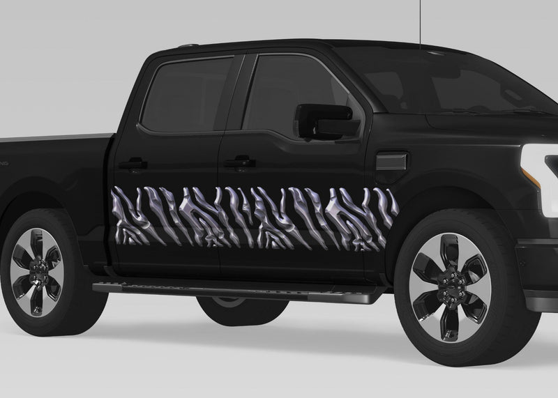 black truck with chrome zebra style vinyl graphic stripes on passenger side