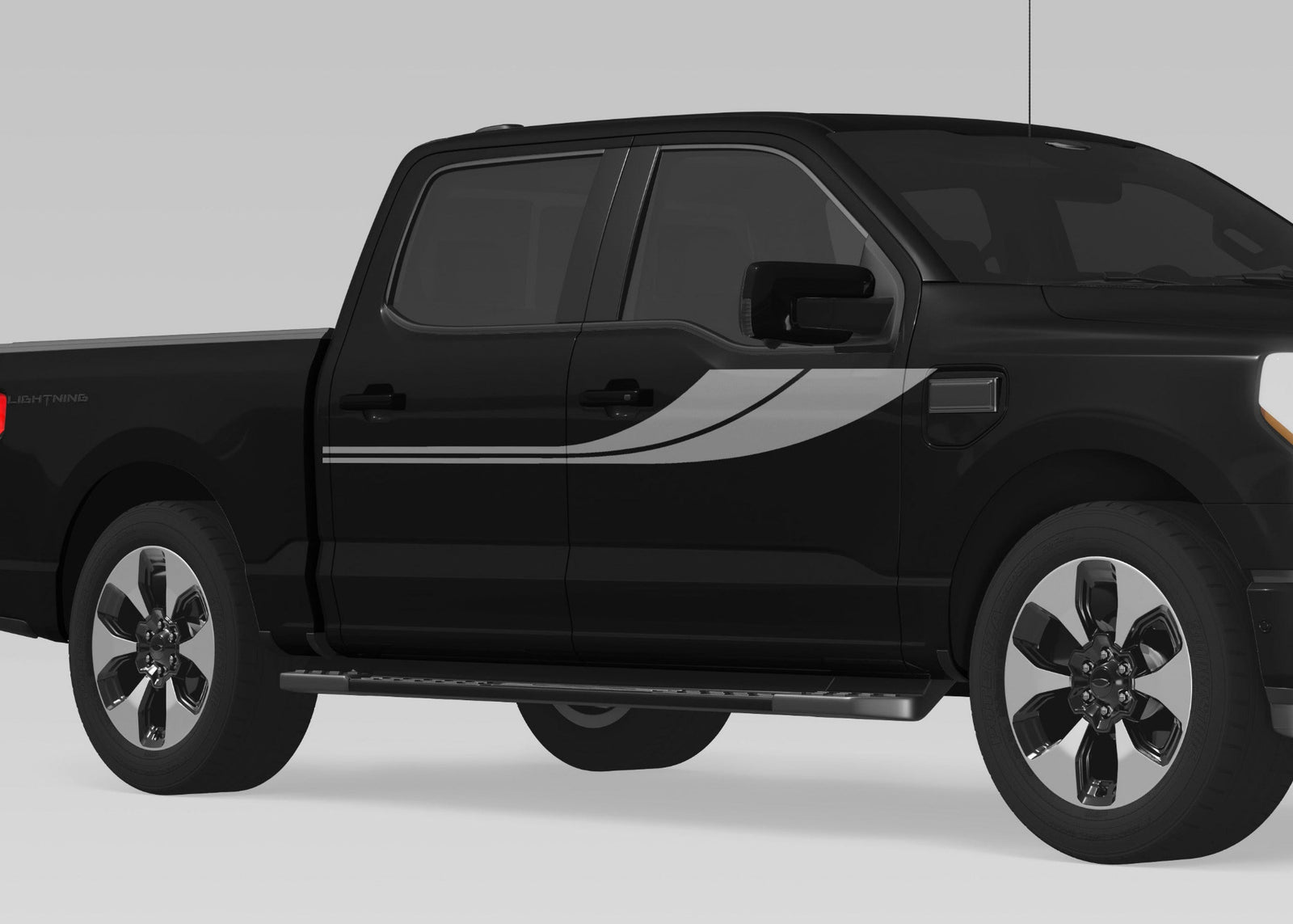 Black pickup truck with silver Curve Sweep side stripe decal