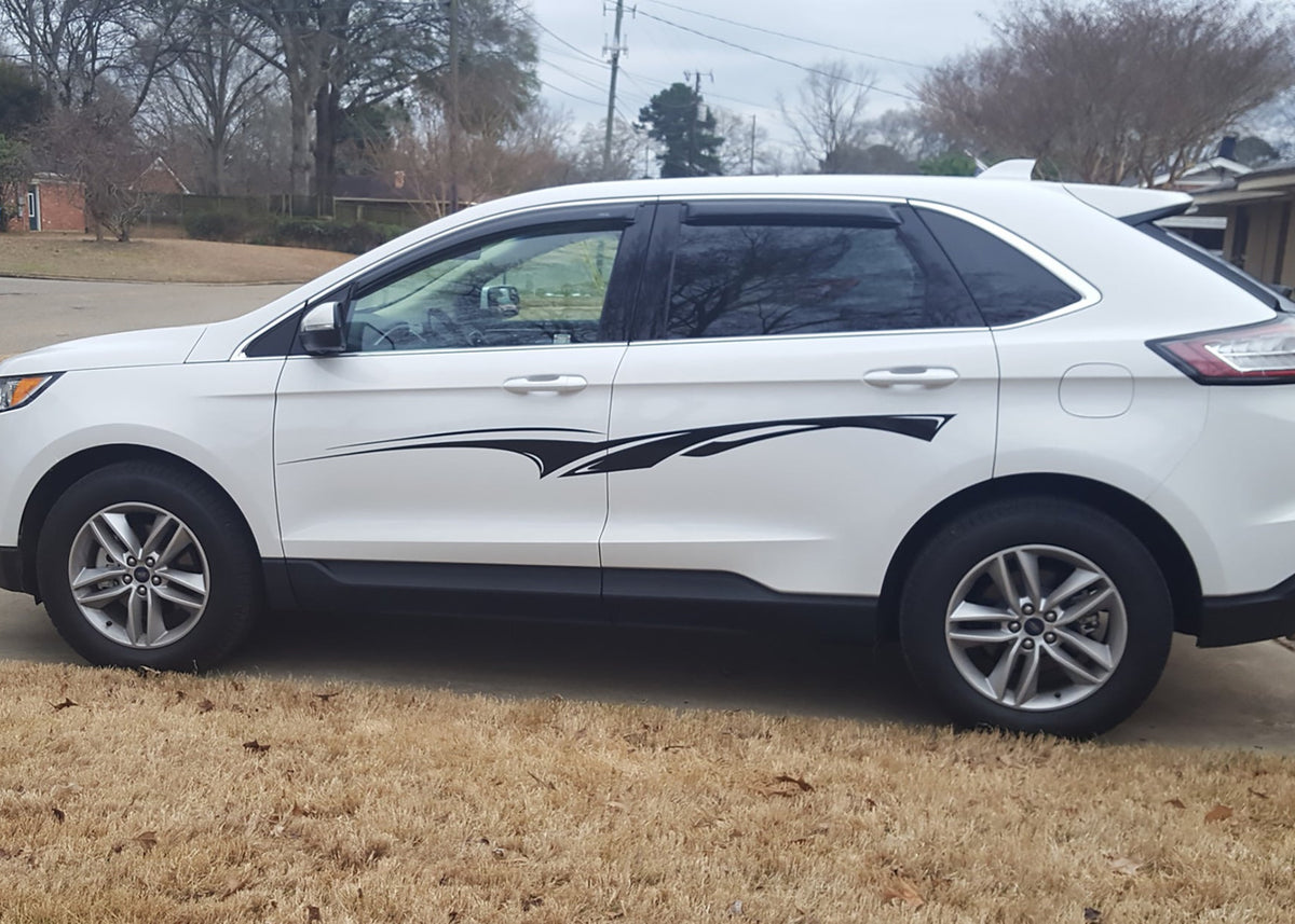 black vinyl stripe decal White SUV driver side parked on a residential street with trees and houses in the background