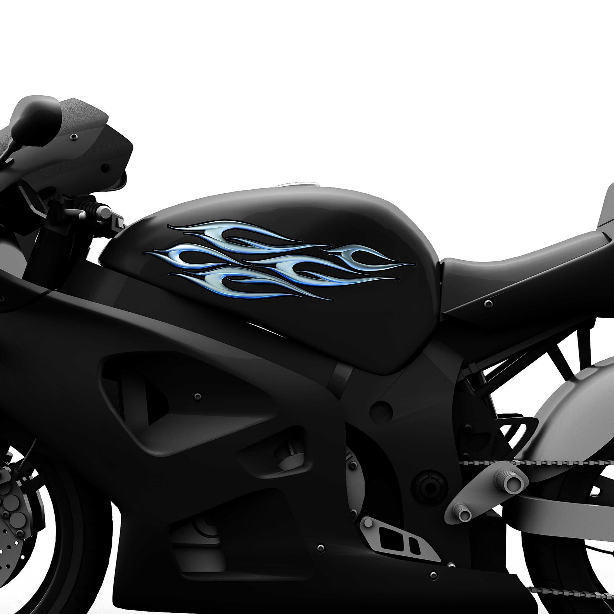 Black motorcycle with bluish chrome decal on its gas tank, parked on a concrete surface with a building and fence in the background.