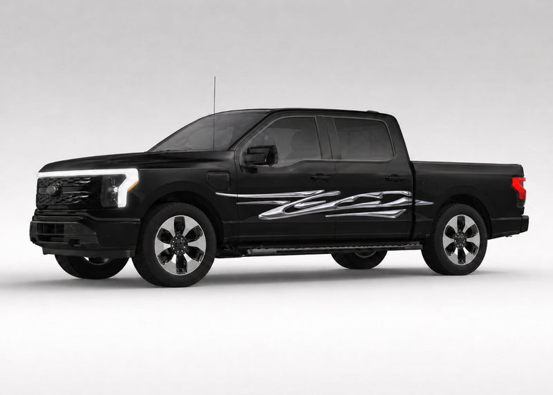 black pickup with chrome blade streak vinyl graphics on driver side