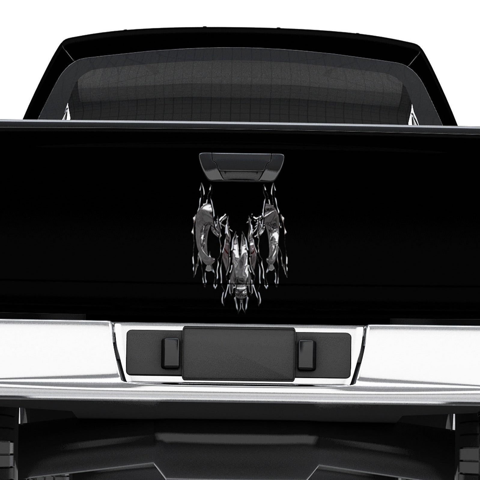 Torn chrome Ram head tailgate decal — single piece with ripped-metal effect shown on white background
