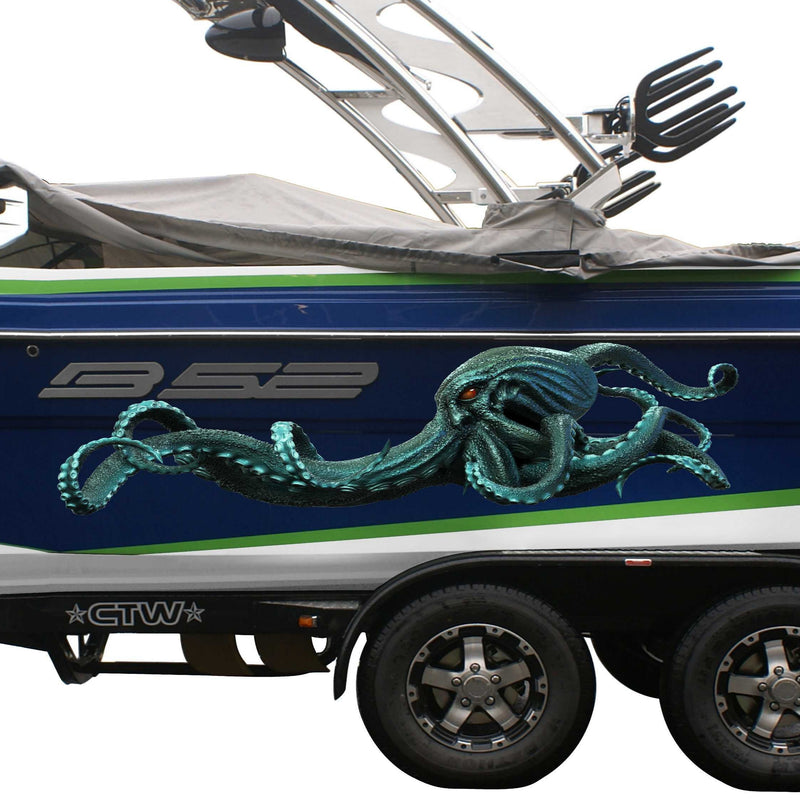 blue Boat with Kraken Seo Monster Vinyl Decal on the side of it