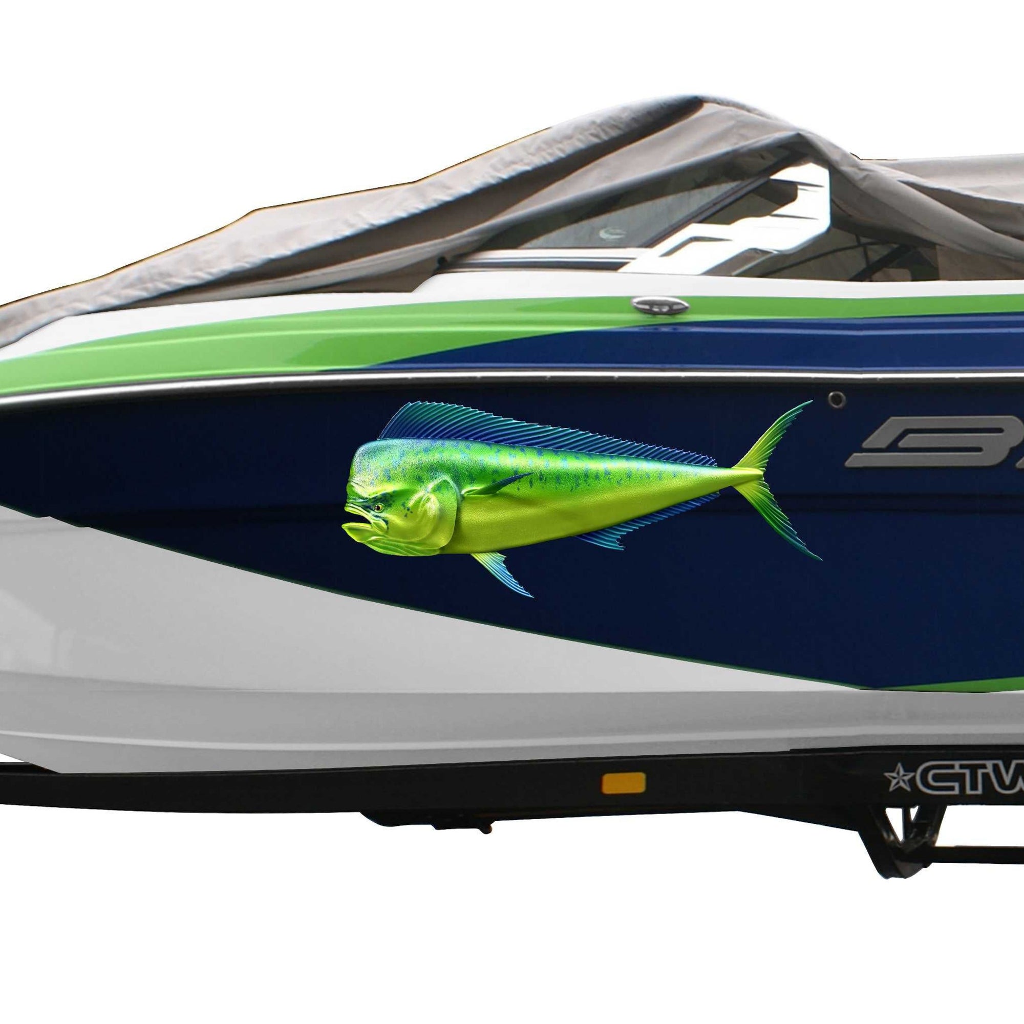 white boat with mahi mahi fish decal on the side of it