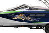 blue boat with chained dragon decal on its side